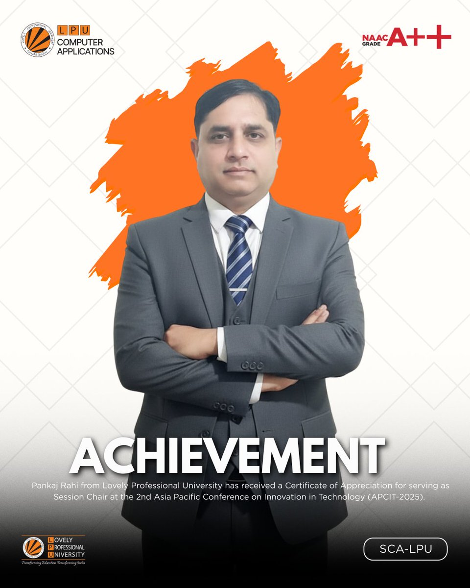 LPUComputerApp's tweet image. Congrats to Dr. Pankaj Rahi from SCA-LPU for receiving a Certificate of Appreciation as Session Chair at APCIT-2025!
A proud moment for the school! 
#FacultyAchievement #SCALPU #APCIT2025 #ProudMoment #LPUFaculty