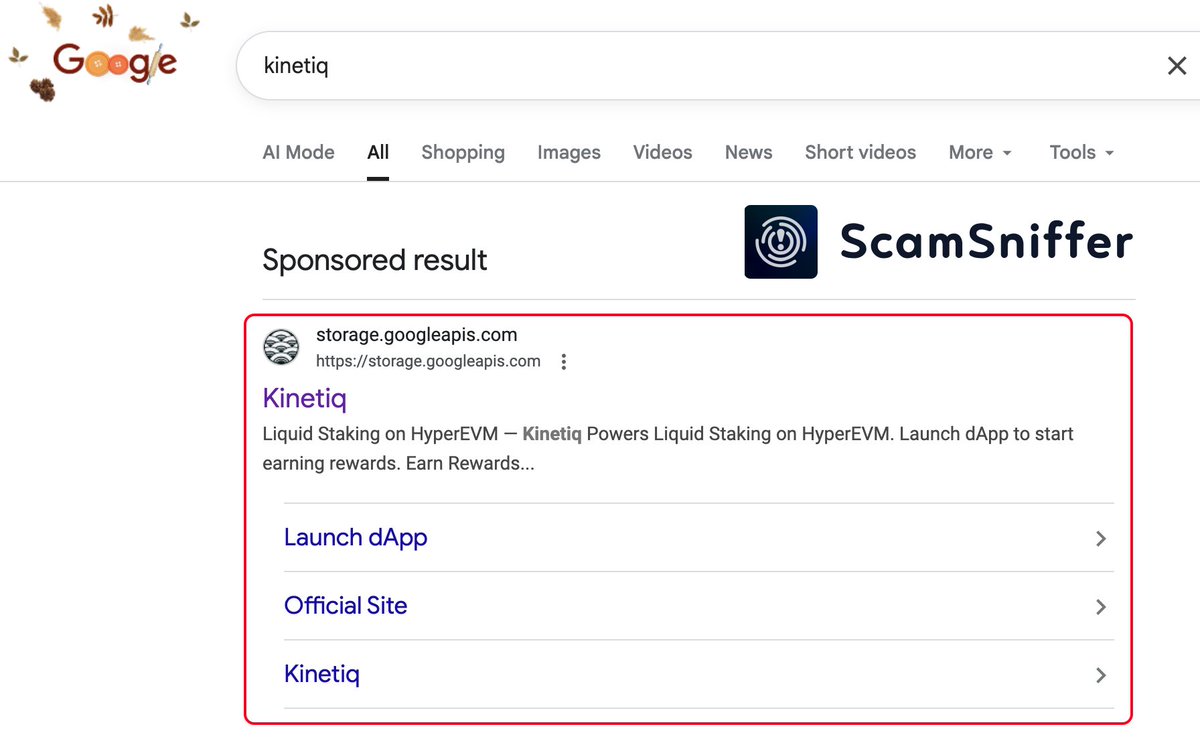 🚨 ALERT: Fake "Kinetiq" ads top Google search results right now!

⚠️ These phishing ads are designed to drain your wallet through malicious transaction signatures.