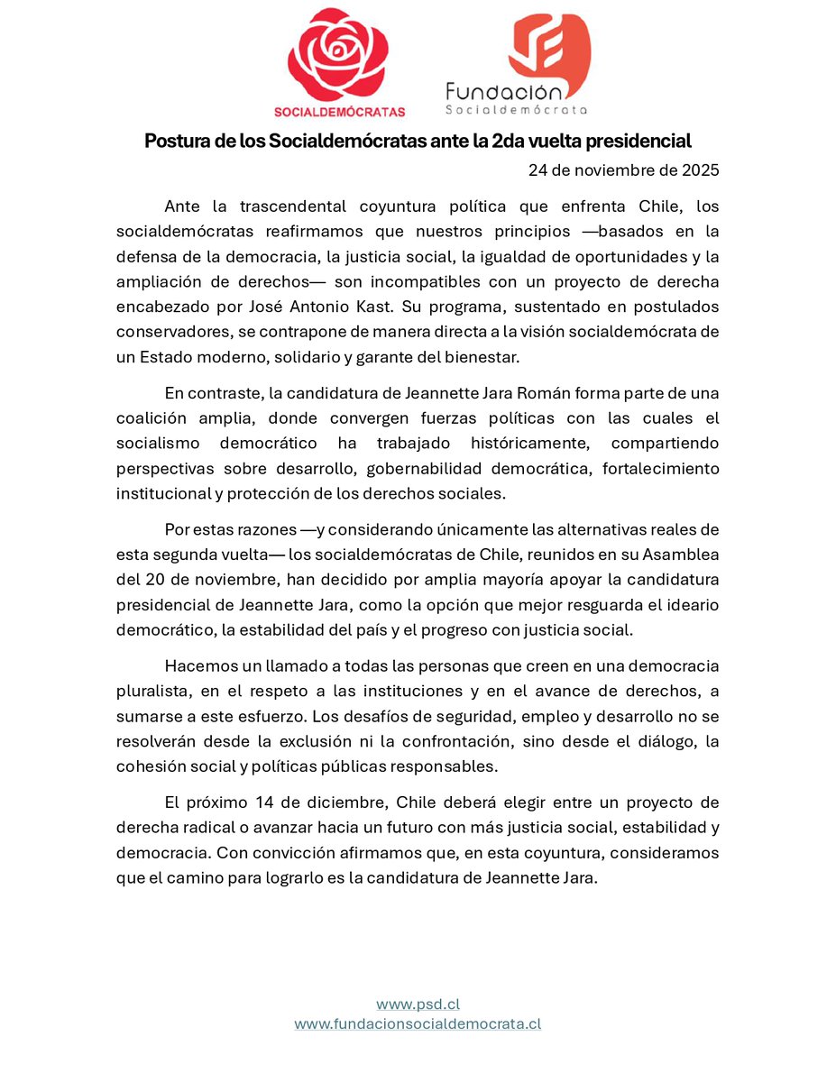 Según acuerdo de asamblea, Los socialdemócratas entregamos nuestro apoyo a <a href="/jeannette_jara/">Jeannette Jara Román</a> en la 2da vuelta presidencial.  Adjuntamos Declaración Pública.