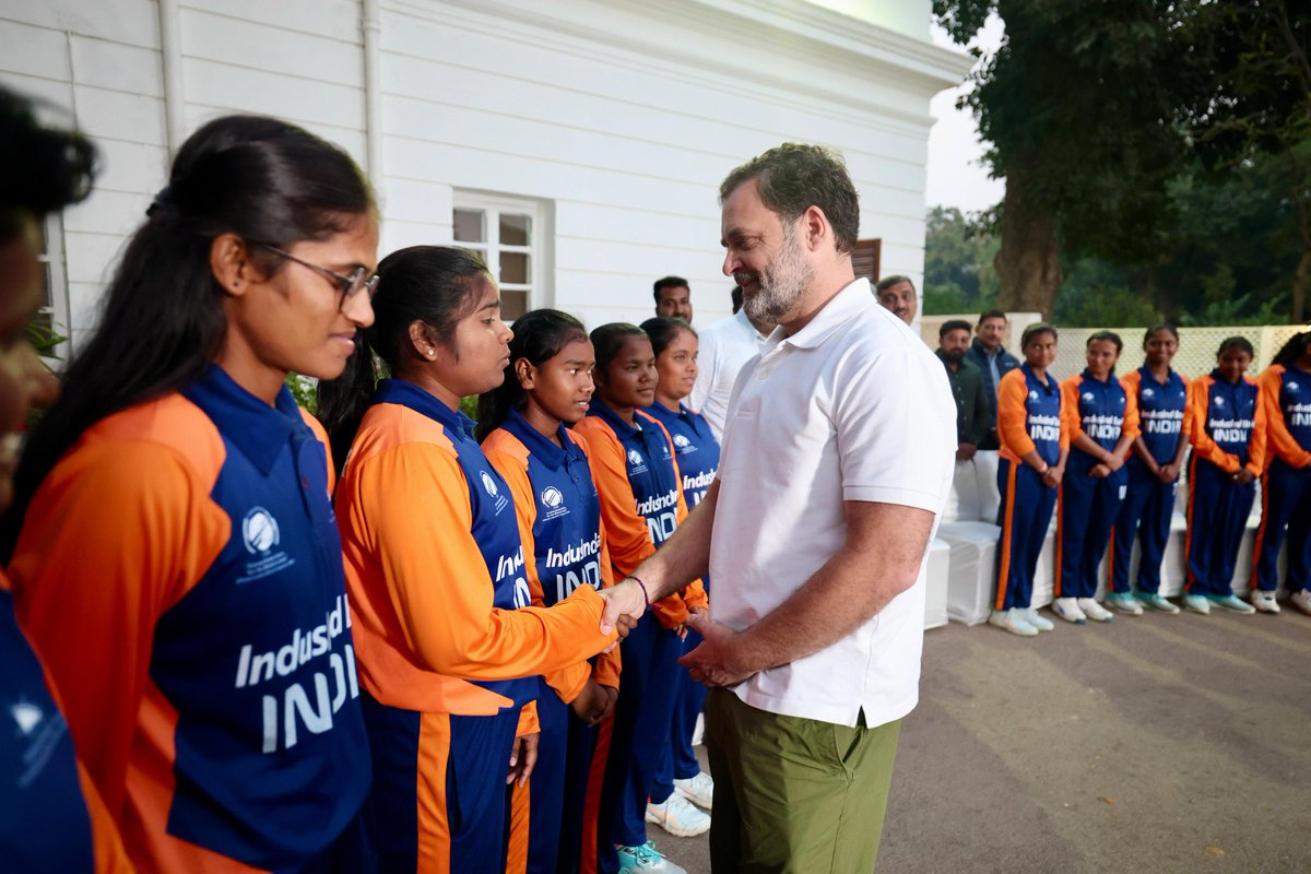 RahulGandhi's tweet image. Today, had the honour of hosting the Indian Blind Women’s Cricket Team, the proud winners of the inaugural T20 World Cup, in New Delhi.

Their historic victory is a powerful message of courage and possibilities. Their grit, discipline and extraordinary spirit are an inspiration…
