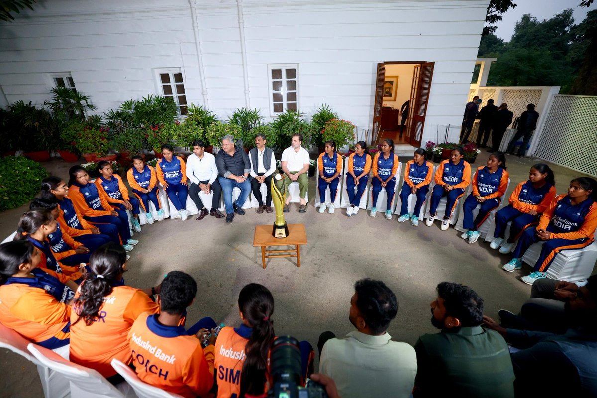 RahulGandhi's tweet image. Today, had the honour of hosting the Indian Blind Women’s Cricket Team, the proud winners of the inaugural T20 World Cup, in New Delhi.

Their historic victory is a powerful message of courage and possibilities. Their grit, discipline and extraordinary spirit are an inspiration…