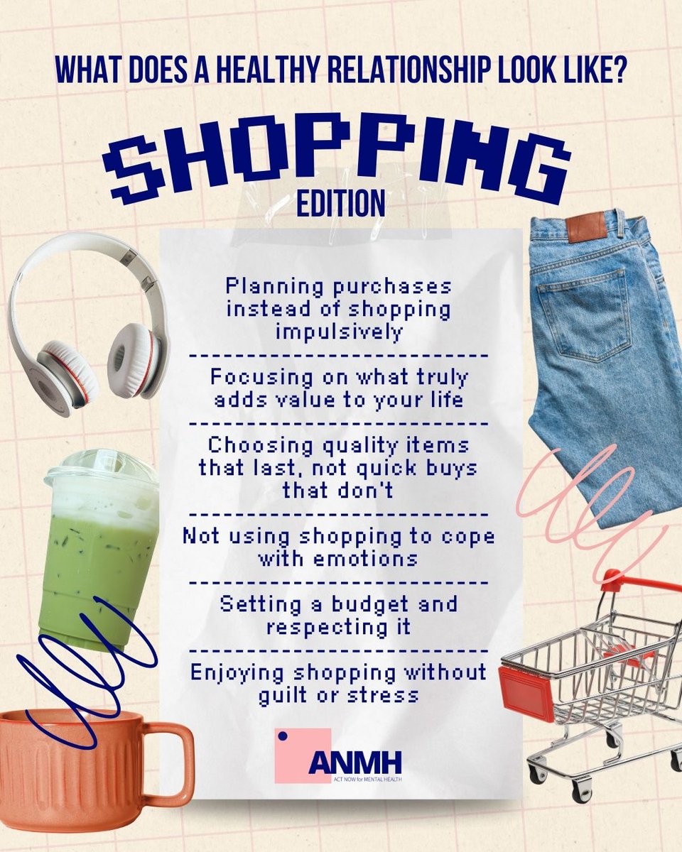 ANMH_News's tweet image. 🛍️ A healthy relationship with #shopping looks like:
✅ Buy what you truly need or love
✅ Check in with yourself — joy or emotion?
✅ Choose quality that lasts
✅ Set limits + stick to a budget
✅ Enjoy the process without guilt
✅ Ask: “Does this add real value to my life?”