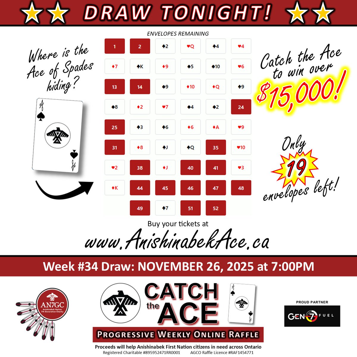 AN7GC's tweet image. TONIGHT... our Week #34 draw takes place... will YOU be our next #WINNER?! Buy your Catch the Ace tickets before 7:00pm at AnishinabekAce.ca for a chance to #WIN over $15,000.00!