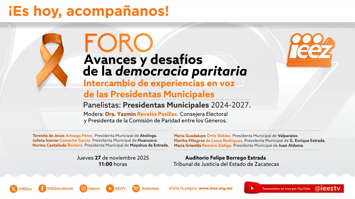 IEEZcs's tweet image. 🟠 ¡Es hoy!
Acompáñanos en la conferencia “Avances y desafíos de la democracia paritaria”, un espacio para dialogar sobre la participación política de las mujeres en Zacatecas.