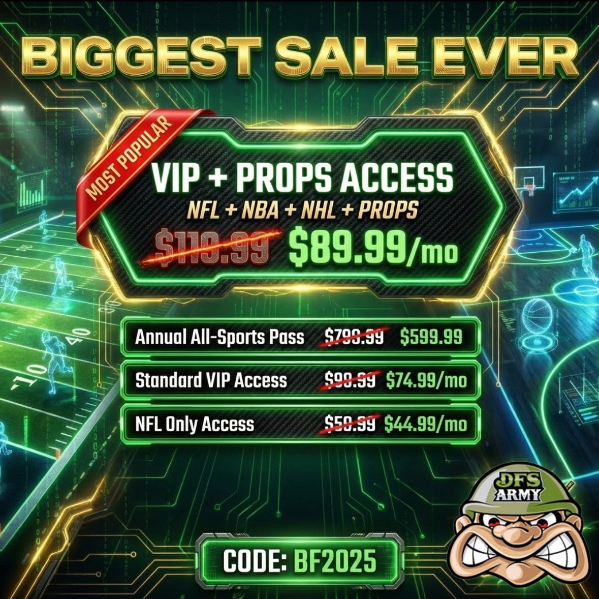 DFSArmy's tweet image. 1️⃣Biggest. Sale. Ever.

The graphic says it all.

VIP + PROPS access → $89.99/mo

The whole playbook.

NFL, NBA, NHL, props, tools, projections, coaching.

👇