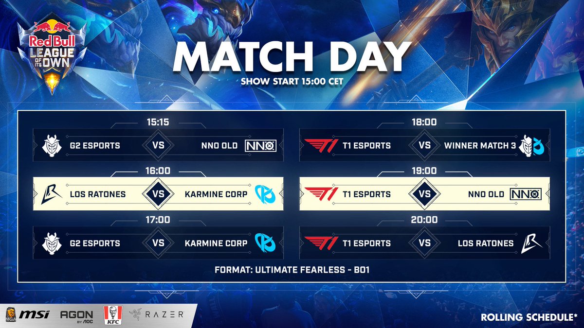 redbullgaming's tweet image. THE RED BULL LEAGUE OF ITS OWN SCHEDULE 🚨

We have guaranteed banger matchups across the board and some new faces to watch out for on T1 and KC 👀

Munich | November 29th, 2025 #RedBullLeagueofItsOwn