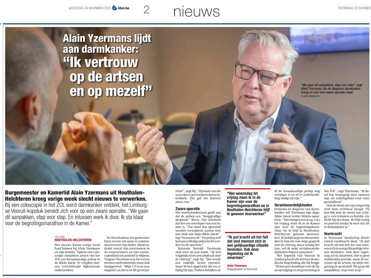 In naam van <a href="/StopDarmkanker/">Stop Darmkanker</a> wensen we Alain Ysermans, burgemeester van Houthalen-Helchteren veel succes met de behandeling! 🍀

#komtgoed 💙 <a href="/hbvl/">HBvL</a>