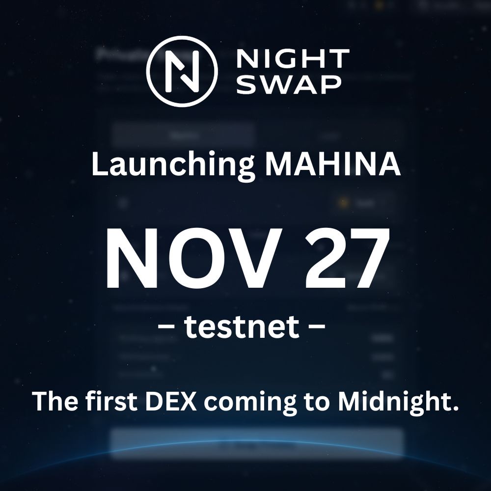 NightSwapLabs's tweet image. Cardano &amp;amp; Midnight Community
Are you ready for Midnights first privacy DEX?

We are launching Mahina Testnet in T-1 🚀🌘

Like, share, follow and don‘t miss this huge break-through