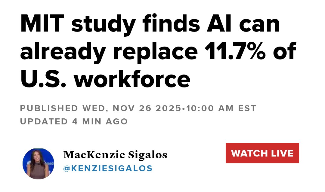 Dr_Singularity's tweet image. Huge wave is coming that will make every past technological shift look microscopic.

&quot;Massachusetts Institute of Technology on Wednesday released a study that found that artificial intelligence can already replace 11.7% of the U.S. labor market, or as much as $1.2 trillion in…