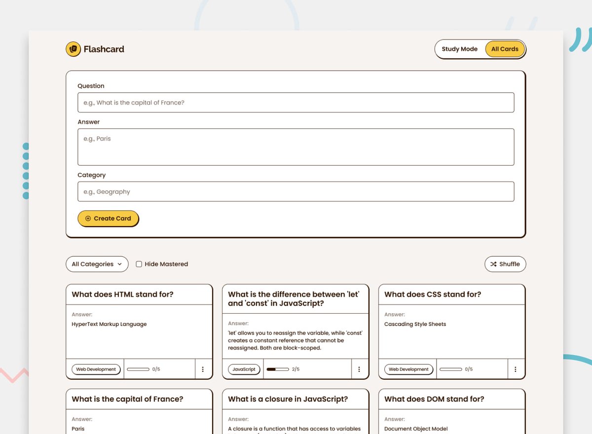 frontendmentor's tweet image. We&apos;ve got a new PREMIUM challenge launching tomorrow! 🥳

For this project, you&apos;ll build a flashcard app with study modes, progress tracking, and filtering. It&apos;s a great way to practice state management and creating engaging UI interactions.