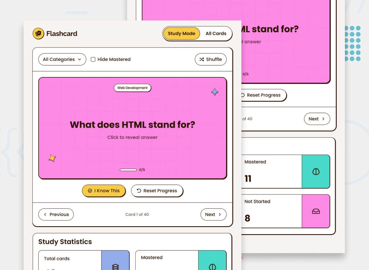 frontendmentor's tweet image. We&apos;ve got a new PREMIUM challenge launching tomorrow! 🥳

For this project, you&apos;ll build a flashcard app with study modes, progress tracking, and filtering. It&apos;s a great way to practice state management and creating engaging UI interactions.