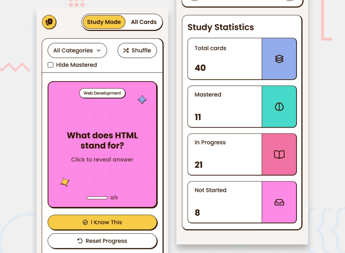 frontendmentor's tweet image. We&apos;ve got a new PREMIUM challenge launching tomorrow! 🥳

For this project, you&apos;ll build a flashcard app with study modes, progress tracking, and filtering. It&apos;s a great way to practice state management and creating engaging UI interactions.