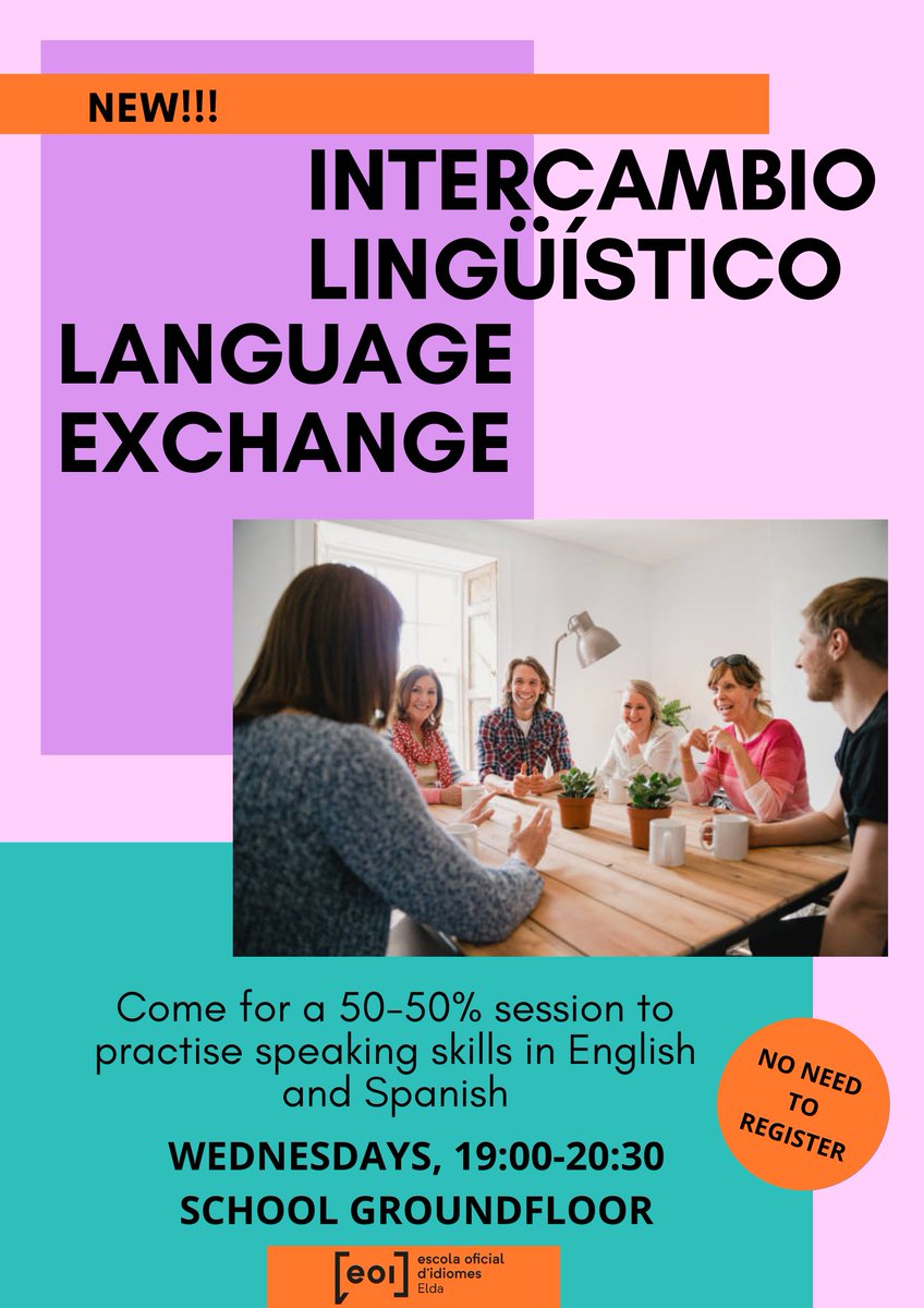 EoiElda's tweet image. Nuevo intercambio lingüístico: 50% en inglés - 50% en español.
Todos los miércoles de 19:00 a 20:30 en la sala multidisciplinar.
#languageexchange #Englishdepartment