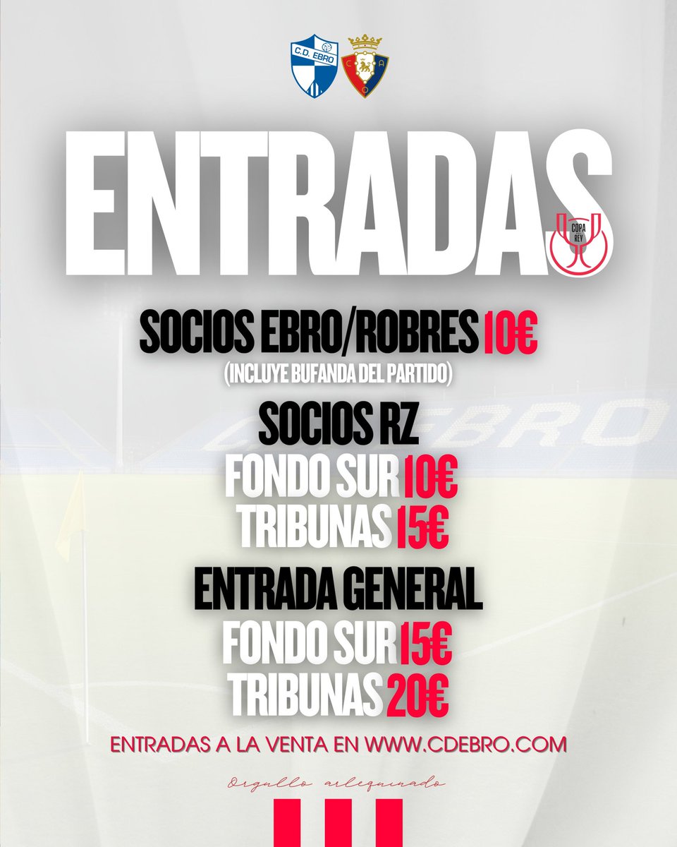 ¡𝗤𝗨𝗘 𝗖𝗢𝗠𝗜𝗘𝗡𝗖𝗘 𝗘𝗟 𝗝𝗨𝗘𝗚𝗢!😎

Este martes se escribe una página más en la historia de nuestro club 😍

🎫𝗘𝗡𝗧𝗥𝗔𝗗𝗔𝗦 𝗬𝗔 𝗗𝗜𝗦𝗣𝗢𝗡𝗜𝗕𝗟𝗘𝗦

Compra tu entrada y haz historia con nosotros:
👉🏻 Socios CD Ebro y Robres:  10€ + bufanda de regalo (solo en