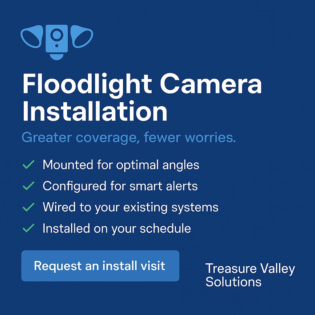 💡 Mount smart:
✅ 9–10 ft high
✅ Tilt slightly down
✅ Avoid windows
✅ Cover driveways + entry points
✅ Use motion zones

We install + optimize your floodlight cam.
📲 link.treasurevalleysolutions.com/twitter

#FloodlightTips #SmartHome