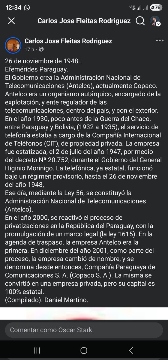 oscarspy's tweet image. Hoy se celebra el 77 aniversario de la cñconstitución  de ANTELCO/COPACO, creada por la Ley N°56 del 26 de noviembre del año 1948. 
Copio abajo una publicación del Embajador Carlos José  Fleitas Rodriguez, al respecto.