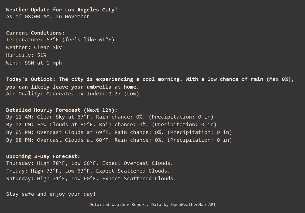 USCityWxUpdates's tweet image. Good Morning, Los Angeles! 👋, Wednesday weather as of 26 November, 08:00 AM:
It&apos;s currently 63°F (feels like 61°F) with Clear Sky.
AQI is moderate. #StaySafe
#weatherupdate #SunnyDay #USWeather #LosAngeles