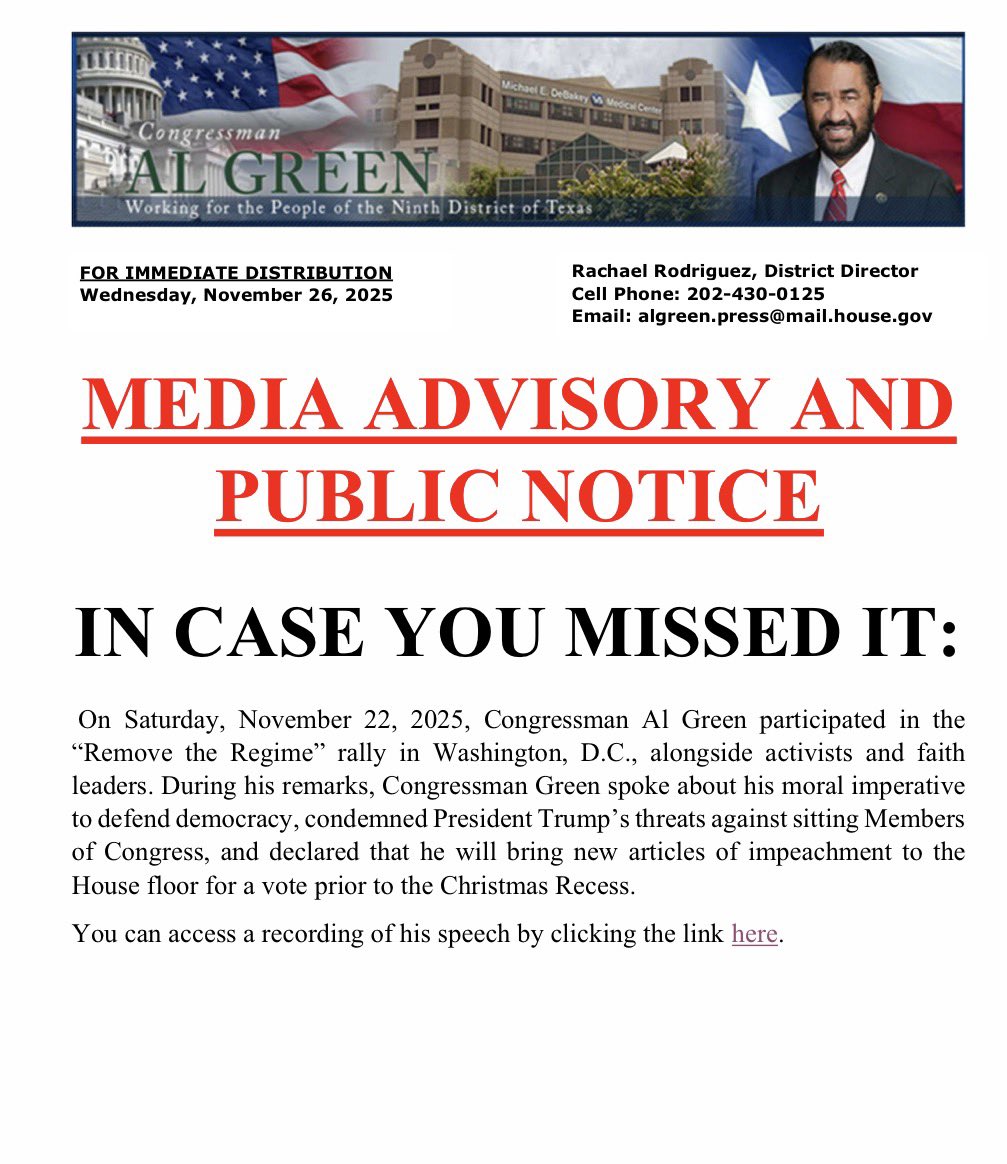 RepAlGreen's tweet image. IN CASE YOU MISSED IT: 

On Saturday, November 22, 2025, Congressman Al Green participated in the “Remove the Regime” rally in Washington, D.C., alongside activists and faith leaders.

You can access a recording of his speech by clicking the link here: youtube.com/watch?v=BP6hPz…