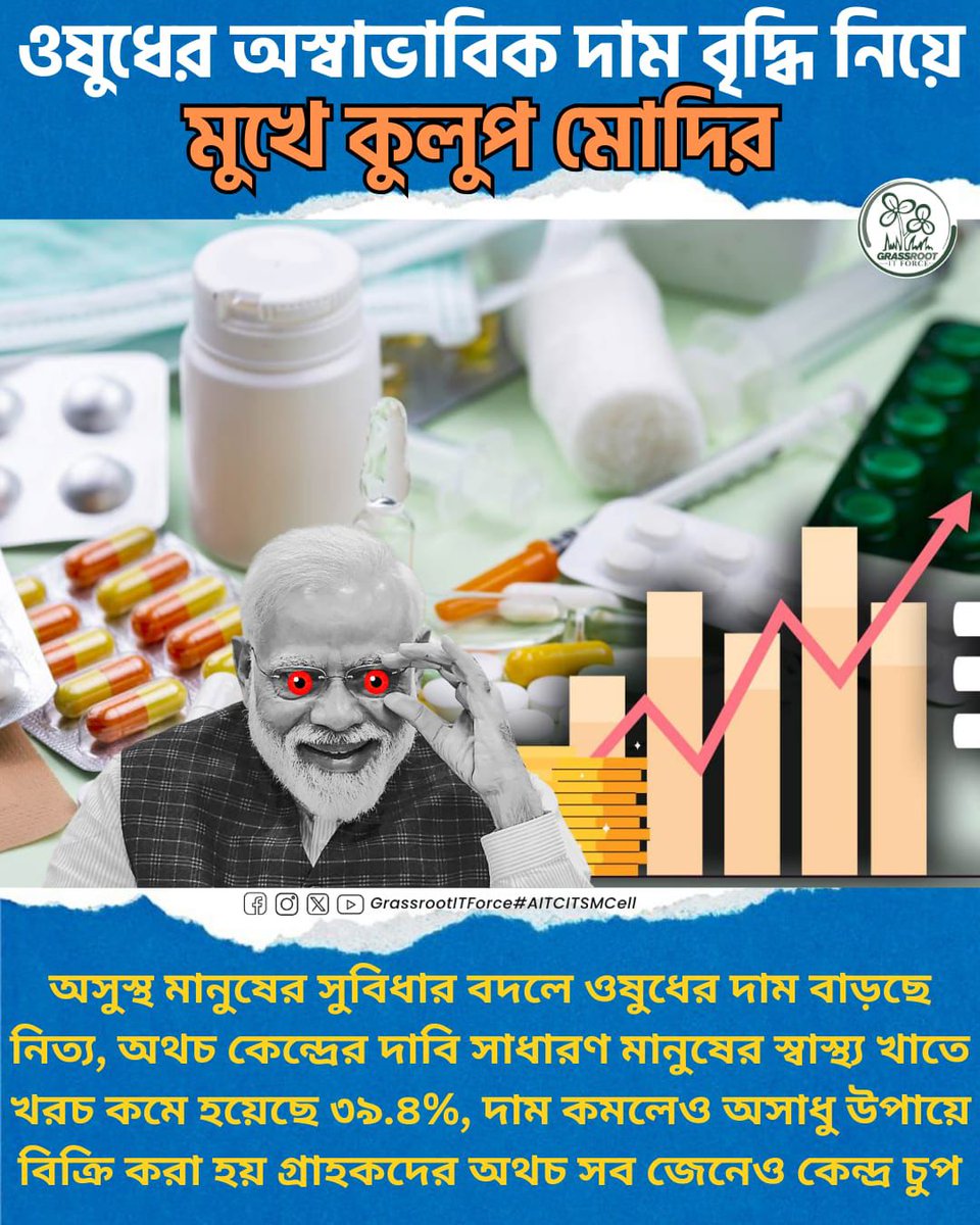 KartikS76895950's tweet photo. ওষুধের লাগামছাড়া মূল্যবৃদ্ধির বোঝা এখন সাধারণ মানুষের কাঁধে—স্বাস্থ্যখাতে স্বস্তি নয়, বেড়েই চলেছে চাপ!
#MedicinePriceHike
#EssentialDrugs
#StopOverPricing
#AITCITSMCell https://t.co/uALAynADnc