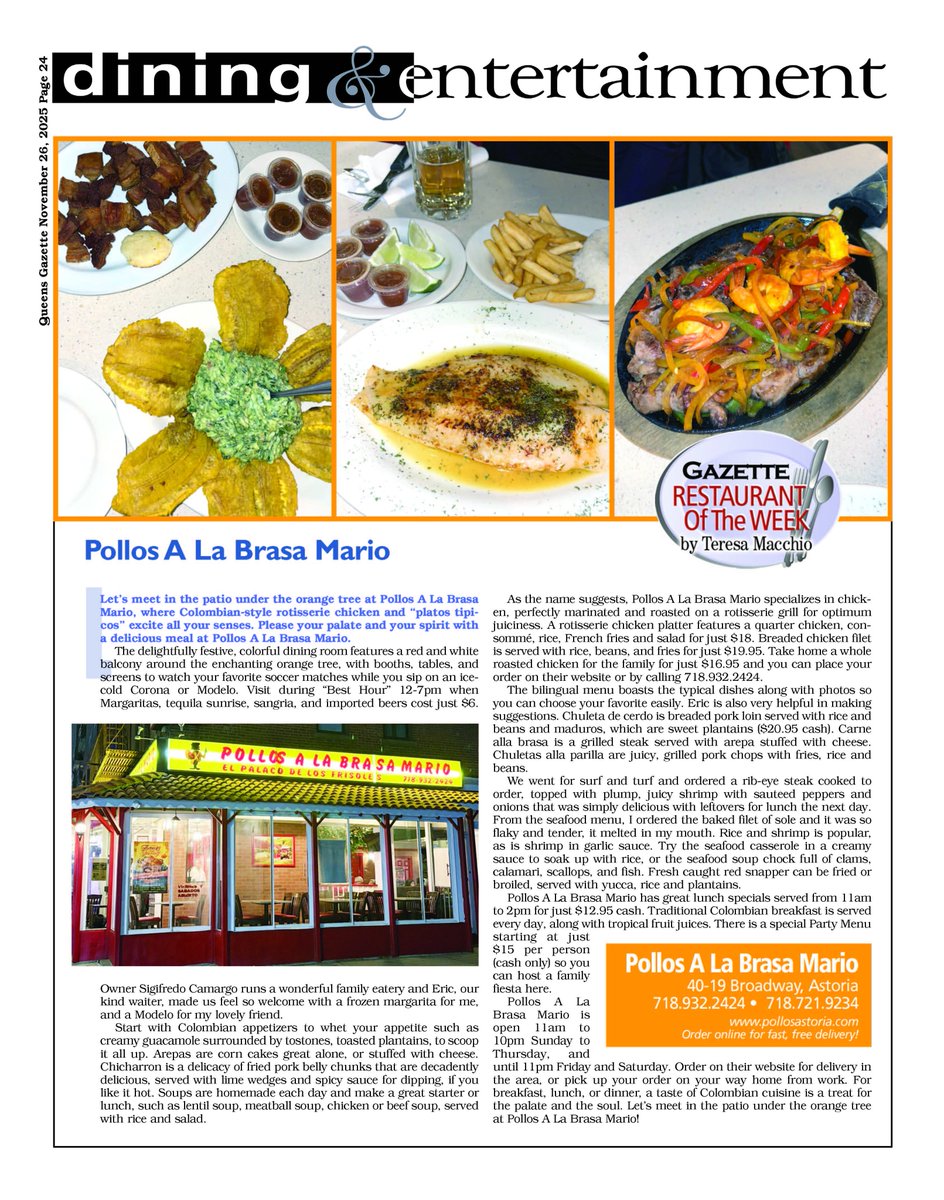 Gazette review of the week is: Pollos A La Brasa Mario
40-19 Broadway, Astoria
718.932.2424 •  718.721.9234
pollosastoria.com
Order online for fast, free delivery!
Read the full review at: qgazette.com/.../pollos-a-l…
