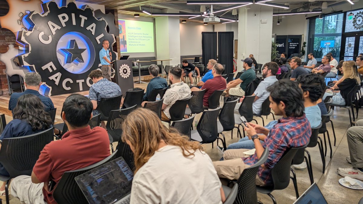 PyTorch's tweet image. 📸  Scenes from the Future of Inferencing! PyTorch ATX, the @vllm_project community, and @RedHat brought together 90+ AI builders at Capital Factory back in September, to dive into the latest in LLM inference -&amp;gt; from quantization and PagedAttention to multi-node deployment.…