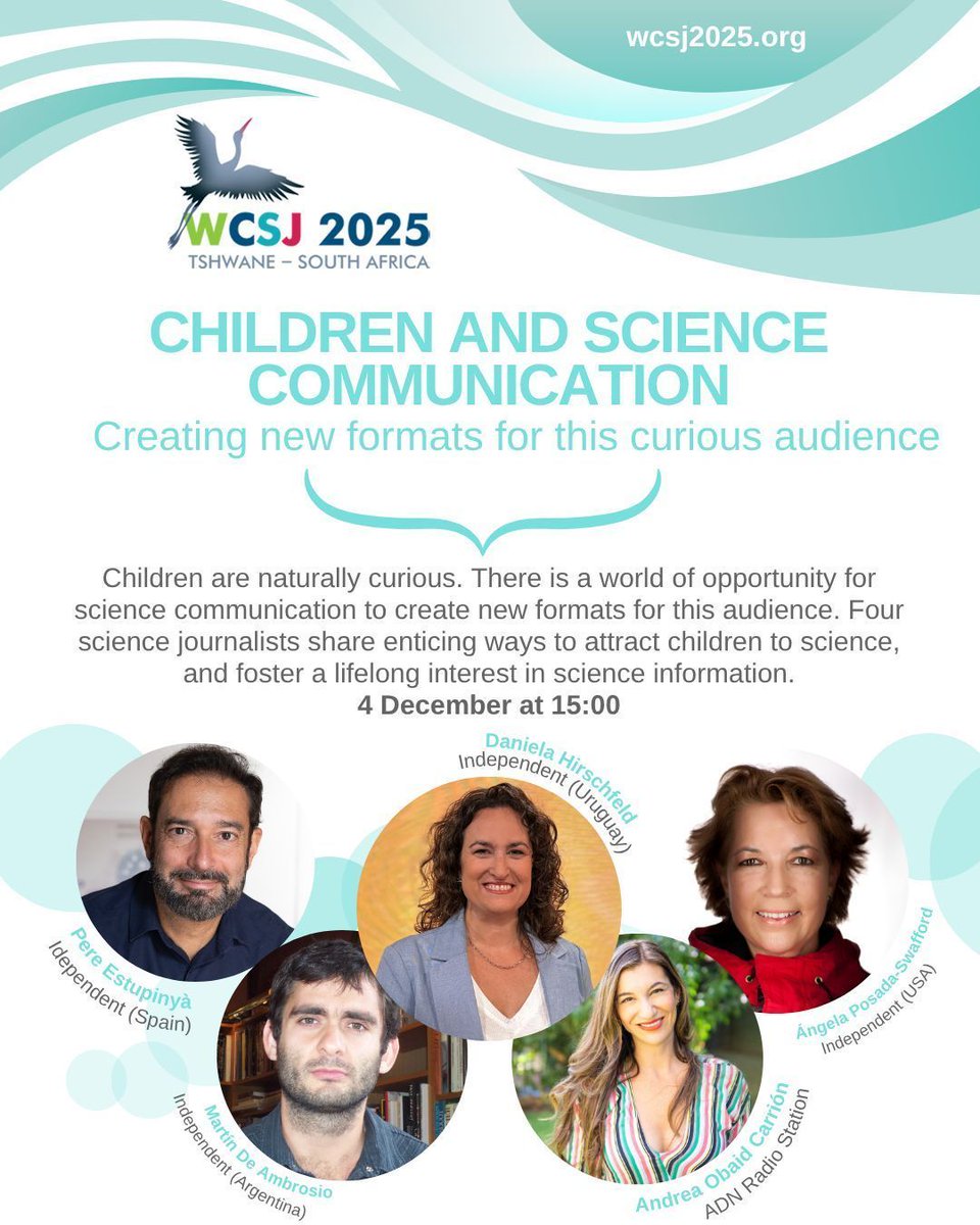 En la Conferencia Mundial de Periodismo Científico que arranca la semana que viene en Sudáfrica habrá una sesión sobre cómo acercar la ciencia a los niños. 

Participará nuestra asociada Daniela Hirschfeld <a href="/danielaht/">Daniela Hirschfeld</a>; y moderará Martín De Ambrosio, <a href="/mdeambrosio/">Martín De Ambrosio</a>. <a href="/wcsj2025/">WCSJ2025</a> @wfsj