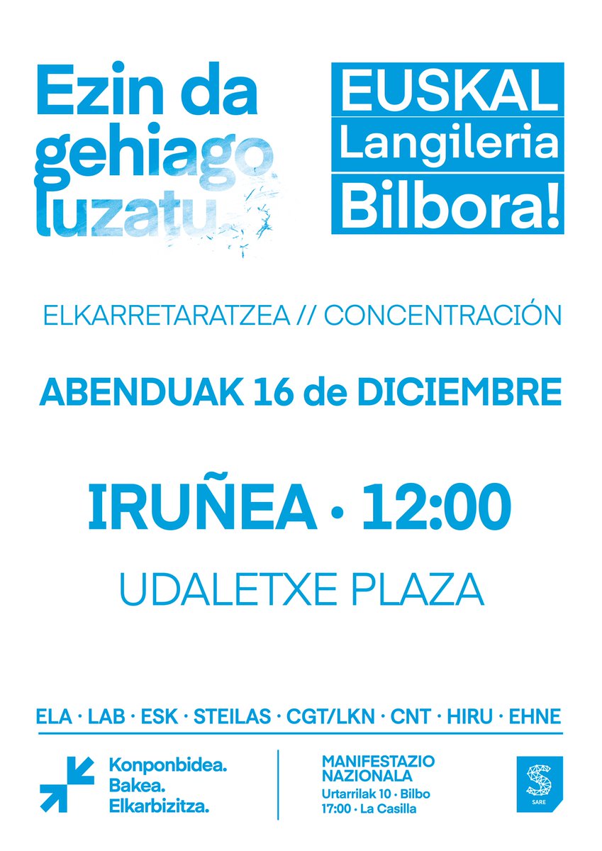 Elkarretaratzeak / Concetraciones 

🗓 Abenduak 16 de diciembre. 

· Bilbo · Plaza Biribilla 
· Donostia · Alderdi eder 
· Gasteiz · Andra Mari zuria 
· Iruñea · Udaletxe plaza

#EzinDaGehiagoLuzatu

✊ Euskal Langileria BILBORA! #Urt10Bilbora