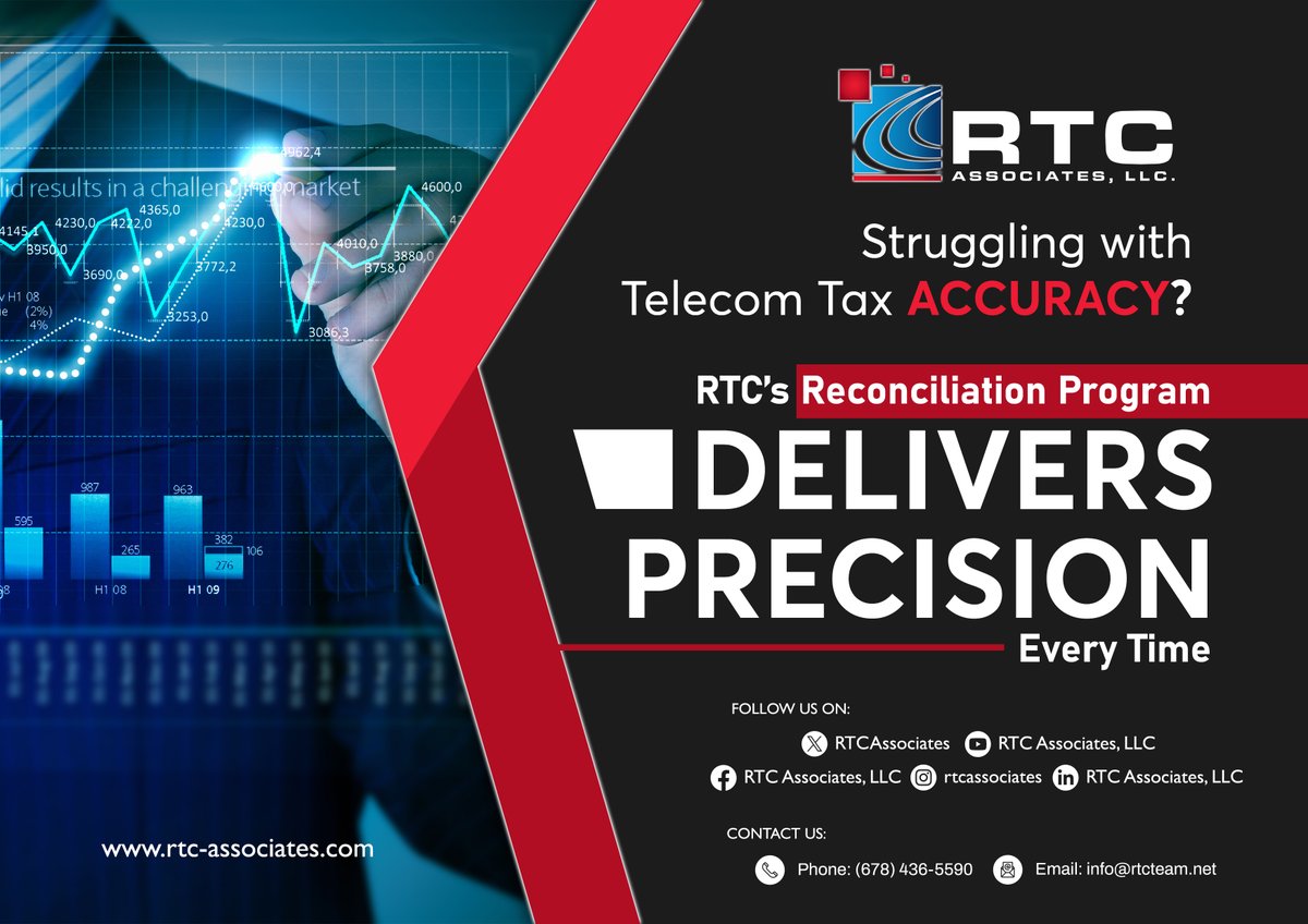 RTCAssociates's tweet image. ✅ Delivers Precision Every Time!

Ensure accurate telecom tax reporting with RTC’s Reconciliation Program! Minimize errors, stay compliant, and keep your business running smoothly with precision-driven solutions. 🔍📊

#TelecomTax
#PrecisionMatters
#RTCExperts