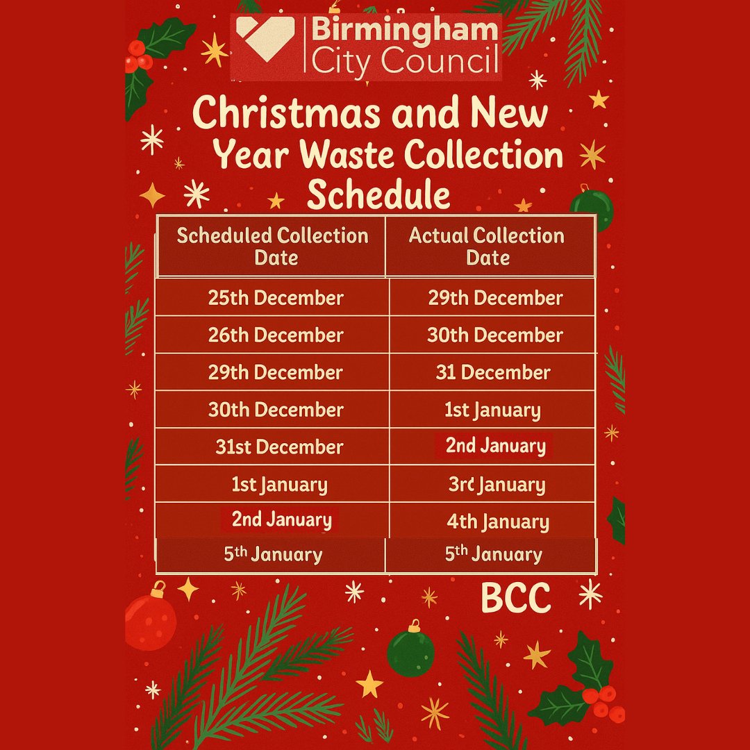 WOISuttonCfield's tweet image. 🎄📅 Hey Birmingham! The City Council has released the waste collection dates for Christmas &amp;amp; New Year. Check your bin collection schedule and let's keep our city clean this festive season! 🗑️✨ #Birmingham #WasteCollection #Christmas2023 #NewYear2024 #KeepBirminghamClean