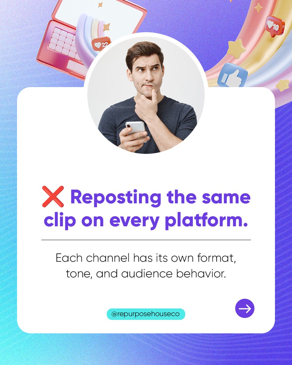 Repurpose_House's tweet image. Reposting the same clip everywhere hurts your reach.

🎯 Tailor each post to fit the platform and connect better with every audience.

Repurpose smarter with #RepurposeHouse. #ContentRepurposing