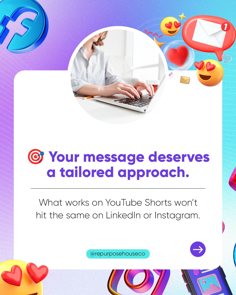 Repurpose_House's tweet image. Reposting the same clip everywhere hurts your reach.

🎯 Tailor each post to fit the platform and connect better with every audience.

Repurpose smarter with #RepurposeHouse. #ContentRepurposing