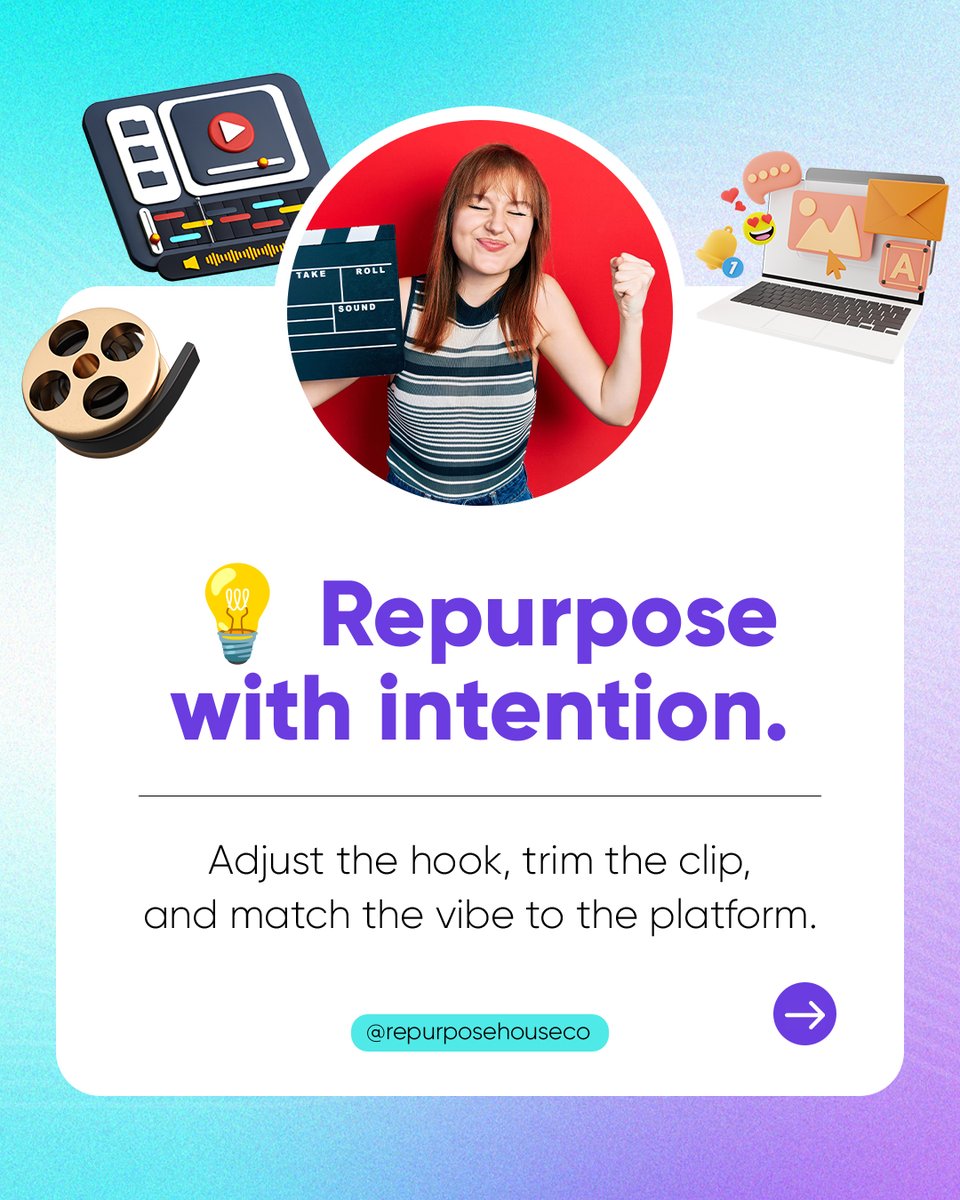 Repurpose_House's tweet image. Reposting the same clip everywhere hurts your reach.

🎯 Tailor each post to fit the platform and connect better with every audience.

Repurpose smarter with #RepurposeHouse. #ContentRepurposing