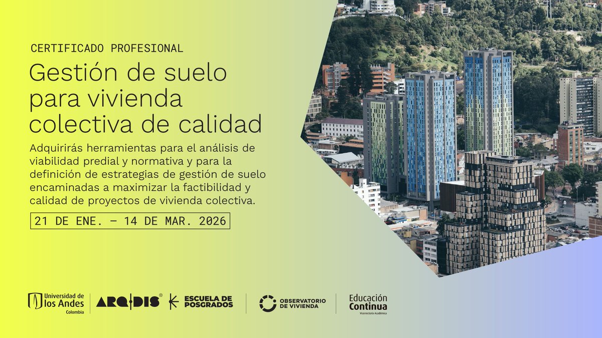 ArqDisUA's tweet image. ¡Inscripciones abiertas! Enfrenta el desafío crucial de la vivienda asequible y de buena calidad dominando la gestión de suelo urbano, un factor clave para la factibilidad de cualquier proyecto. Regístrate antes del 19 de enero 👉 buff.ly/JYc9UdI

#EDCOUniandes