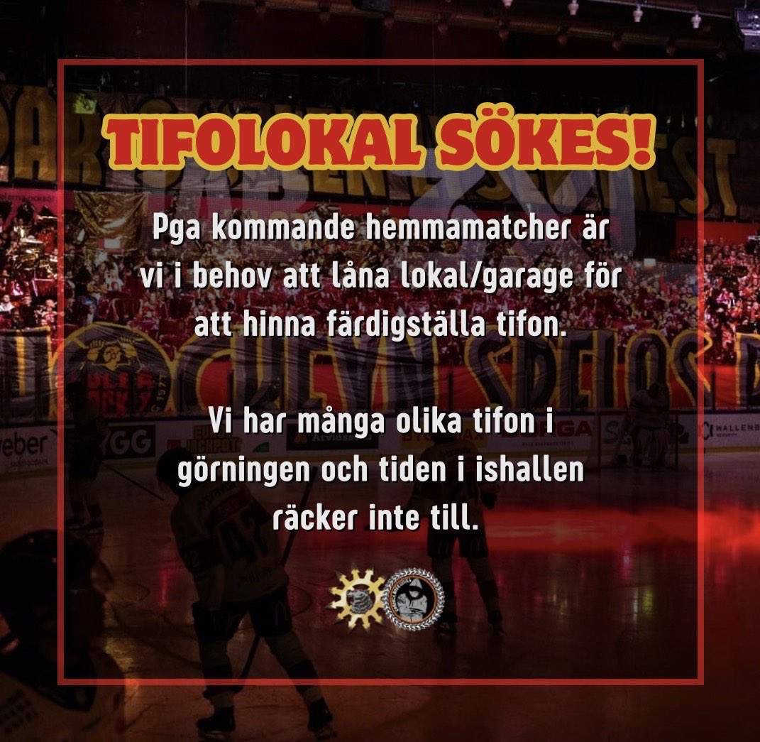 Tifolokal sökes!

Tifokrigarna har några tuffa veckor framför sig med hemmamatcher som är ivägen för att kunna slutföra kommande tifon
Har du en lokal som står tom och kan lånas ut under en begränsad period?

Skicka ett DM!