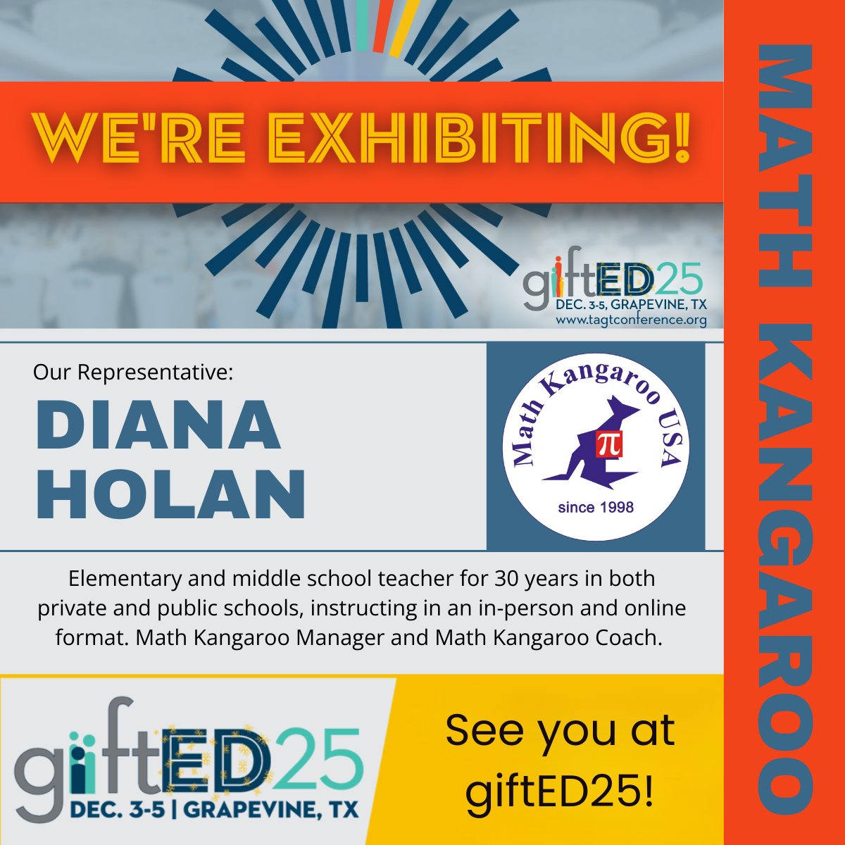 UsaKangaroo's tweet image. December 3–5, 2025 | Grapevine, TX
We’re excited to share that Math Kangaroo is exhibiting at the TAGT giftED25 Conference! 🎉
Visit our Math Kangaroo booth, where our representative will be happy to meet you, answer questions. See you at giftED25!
#giftED25 #TAGT #MathKangaroo