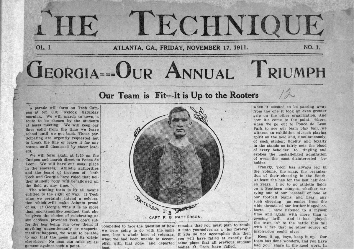 gtalumni's tweet image. The first issue of the Technique in 1911 was dedicated to Clean, Old-Fashioned Hate, encouraging students and fans to show up and be loud for the game and for a parade held the morning of the game. 15,000 showed up for what was the most attended GT/UGA game at the time.