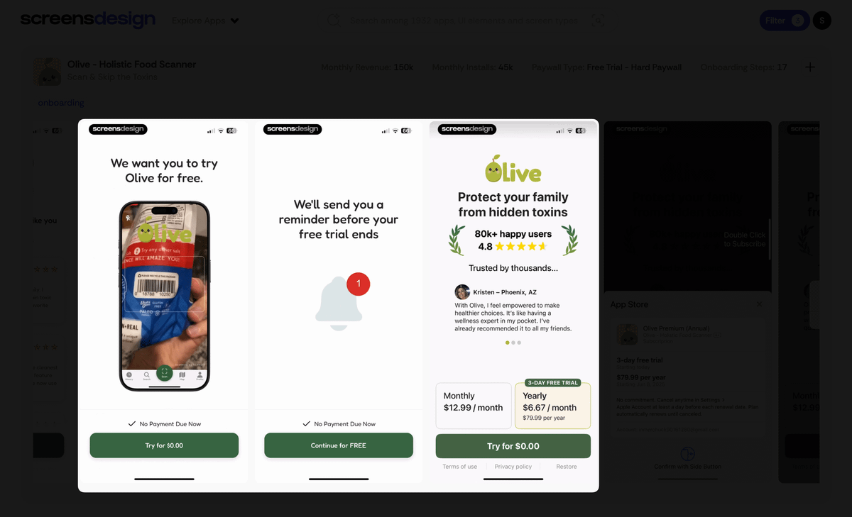 Olive tiene un muro de pago de tres pasos:
Primero, te muestran el producto en acción con un vídeo.
Luego, eliminan e