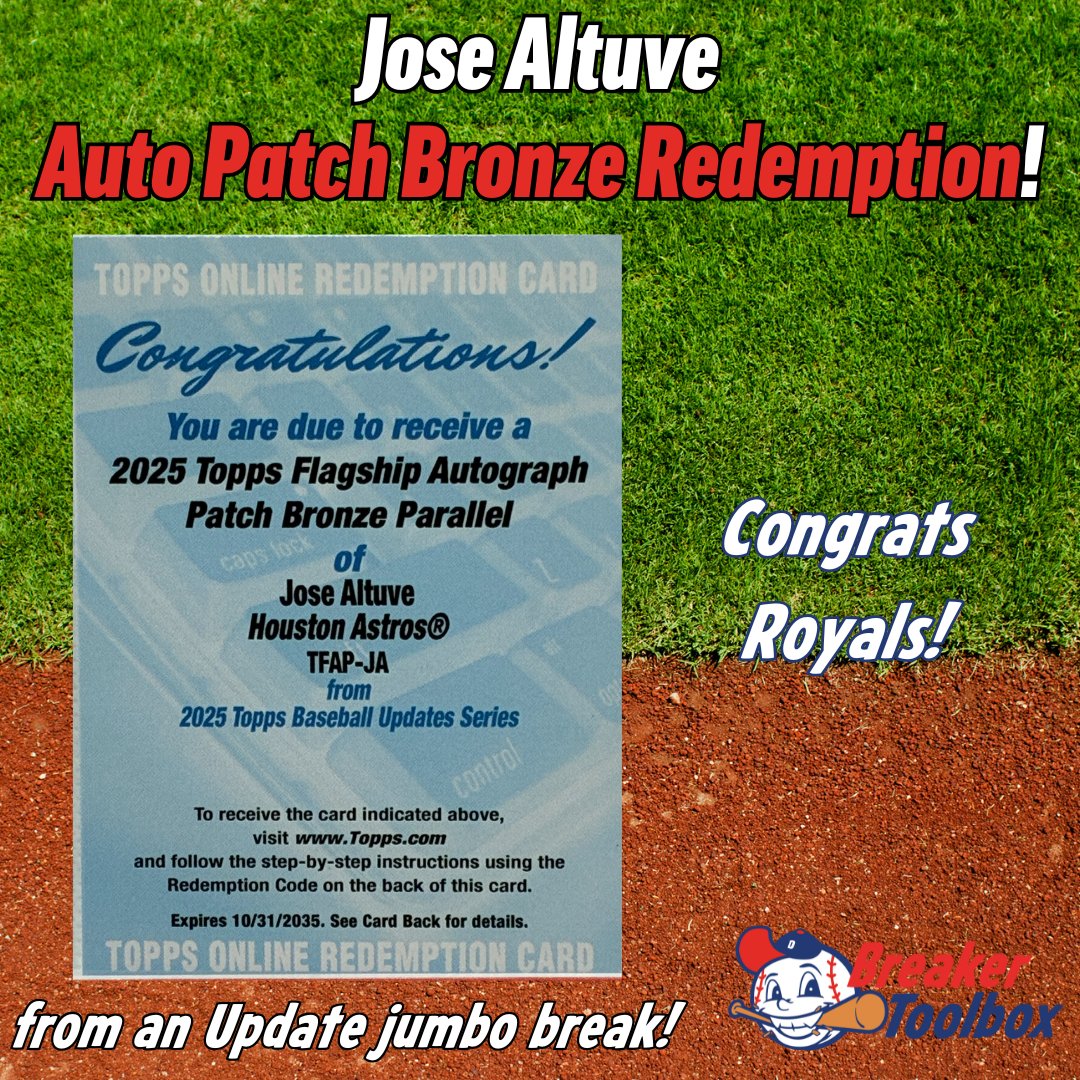 BreakerToolbox's tweet image. Jose Altuve Bronze Auto Patch redemption from a Topps Update jumbo break! Congrats Royals!

#cardbreaks #topps #baseballcards #toppsprodebut #sportscards