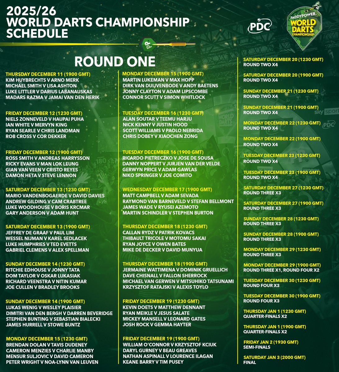 OfficialPDC's tweet image. The wait is over... 🙌

The confirmed schedule for the 2025/26 @paddypower World Darts Championship 🏆

👉 bit.ly/26WDCSchedule