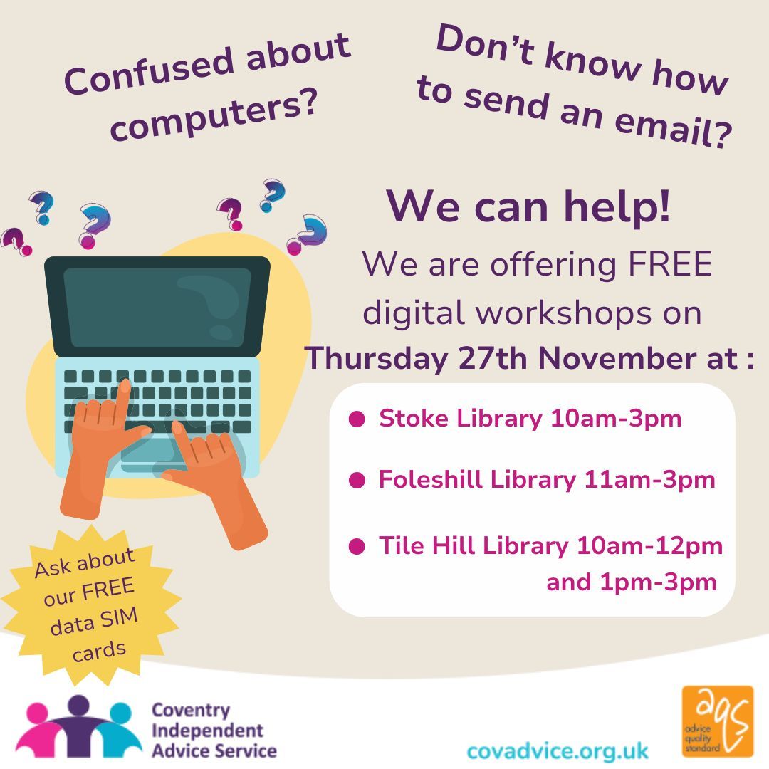 Our friendly volunteers are at the following libraries tomorrow, to offer support to local residents with any digital related query.

Stoke Library from 10am-3pm
Foleshill Library from 11am-3pm
Tile Hill from 10am-12pm and 1pm-3pm
Pop along and find out how we can help you.