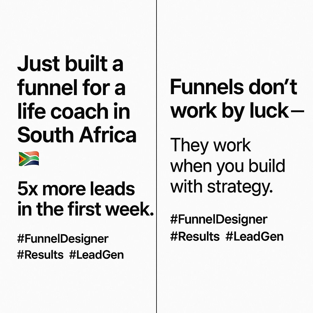 OlaoluwaAd78476's tweet image. #21  (Portfolio/Personal Brand style for Twitter/X):

Just built a funnel for a life coach in South Africa 🇿🇦*  
5x more leads in the *first week*.  

Funnels don’t work by luck —  
They work when you build with *strategy*.  
#FunnelDesigner #Results #LeadGen