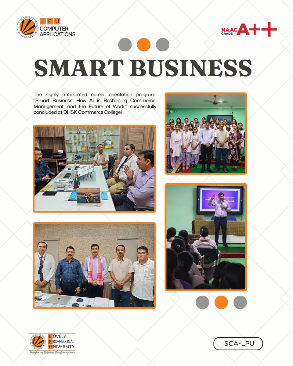 LPUComputerApp's tweet image. Successful completion of “Smart Business: How AI is Reshaping Commerce &amp;amp; the Future of Work” at DHSK Commerce College! Dr. Rishi Chopra from LPU shared key insights on AI-driven business and career trends.
Students are now more inspired and future-ready! #SmartBusiness #SCALPU
