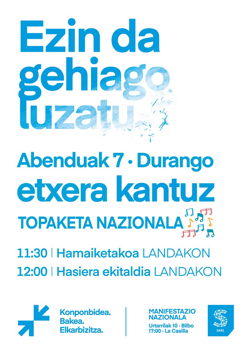 #EzinDaGehiagoLuzatu 

🗣#Etxera Kantuz Topaketa nazionala‼️

🗓Abenduak 7 · igandea 

📌Durango, Landako gunean

· 11:30 · Hamaiketakoa

· 12:00 · EKITALDIA eta Kantuz topaketaren hasiera