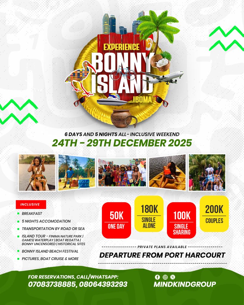 Wizebaba's tweet image. It&apos;s the end of the year and a season to relax and unwind!

Experience Bonny island with friends and loved ones from 24th -29th Dec.

For Reservations, Call/WhatsApp;
📞 07083738885, 08064393293

Departure from Portharcourt❗️

#ExperienceBonnyIsland
