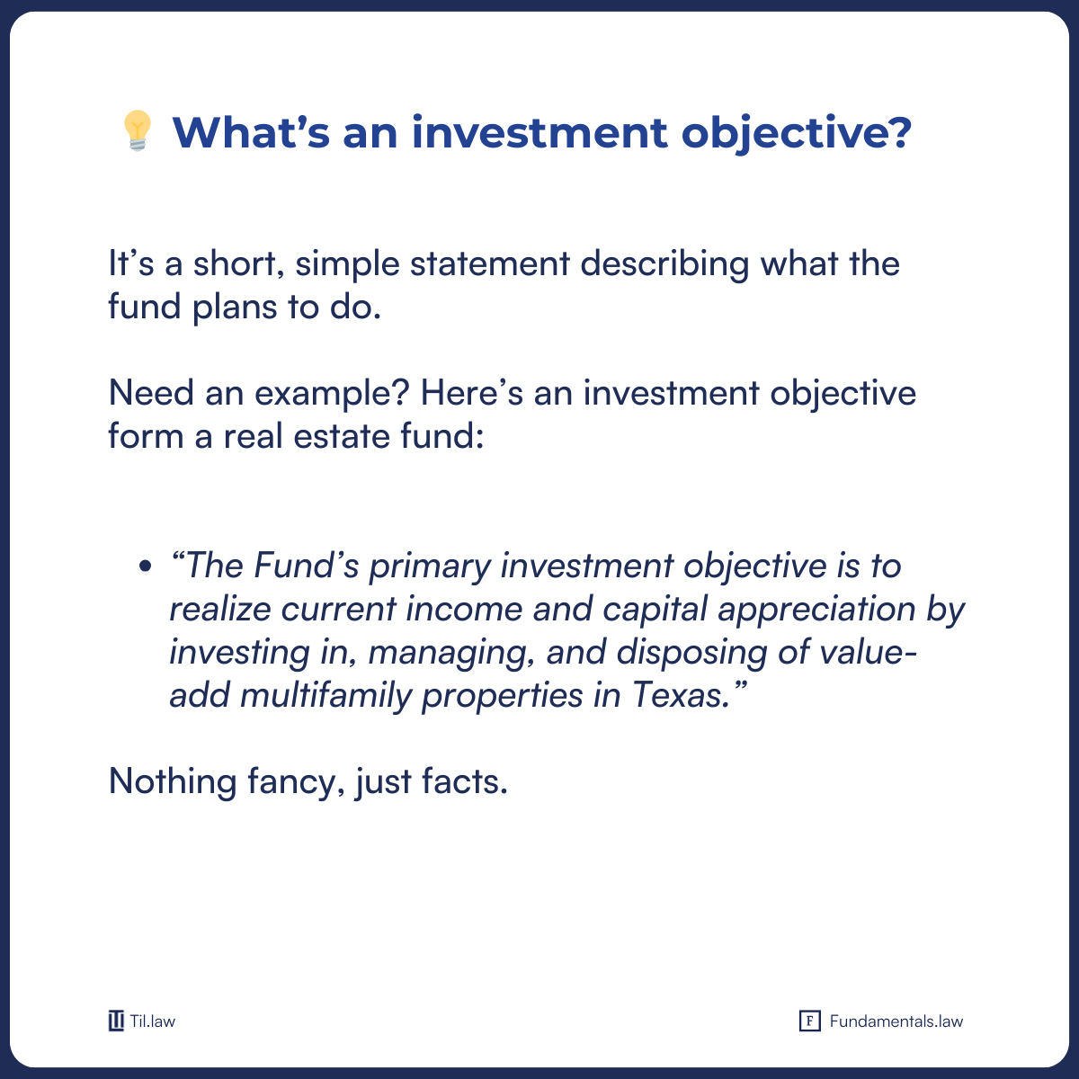 Tillawfirm's tweet photo. Having writer's block regarding your fund's investment objective? ✍🏽

Keep it short and clear. 📋
Don't overhype, say what you aim to do. 📢
State if you're raising for a VC.

Here's Fundamentals Fund Key Terms Part 2, "Investment Objectives".

Link in the comments 👇 https://t.co/mAlJ0Uq6Jf
