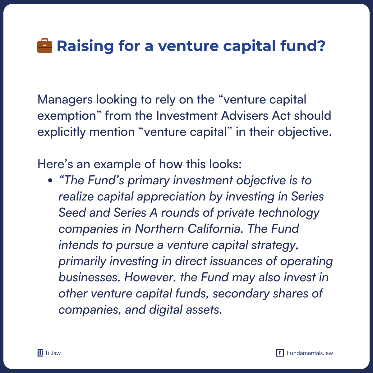 Tillawfirm's tweet photo. Having writer's block regarding your fund's investment objective? ✍🏽

Keep it short and clear. 📋
Don't overhype, say what you aim to do. 📢
State if you're raising for a VC.

Here's Fundamentals Fund Key Terms Part 2, "Investment Objectives".

Link in the comments 👇 https://t.co/mAlJ0Uq6Jf