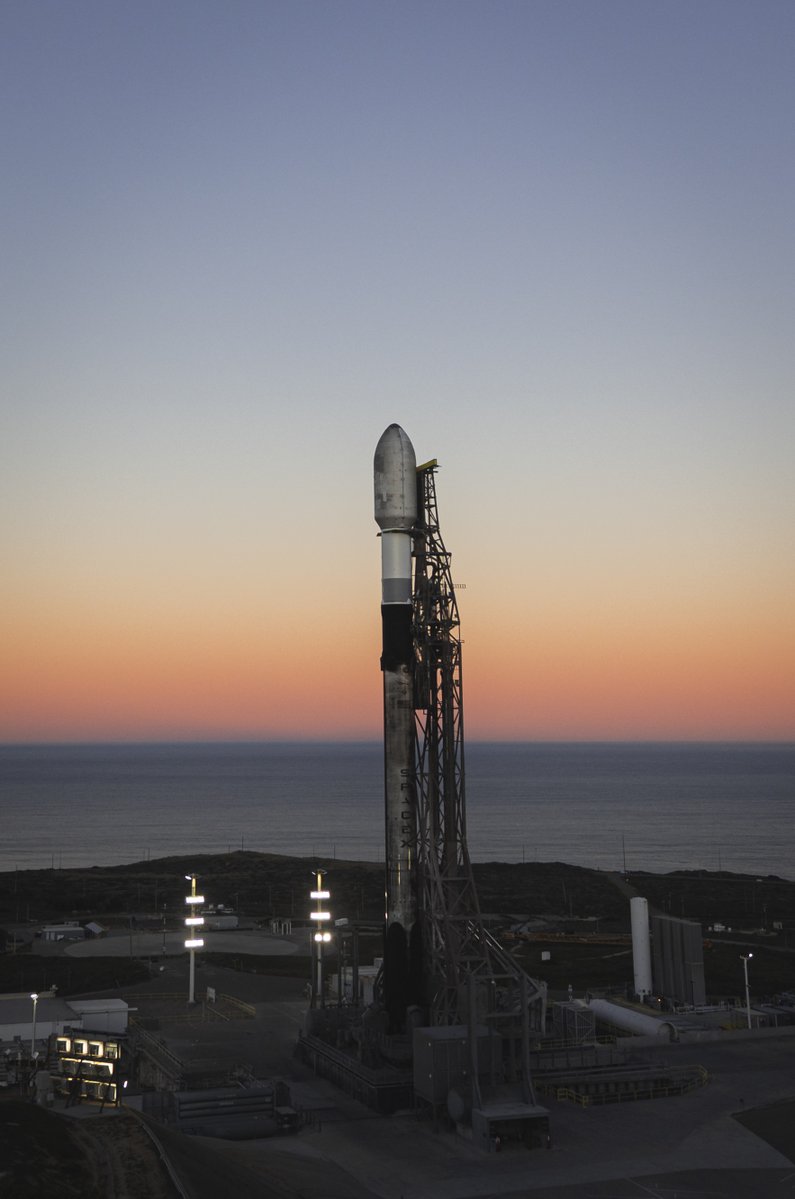 SpaceX's tweet image. Falcon 9 is vertical at pad 4E in California ahead of today’s launch of the Transporter-15 rideshare mission. The 57-minute launch window opens at 10:19 a.m. PT → spacex.com/launches/trans…