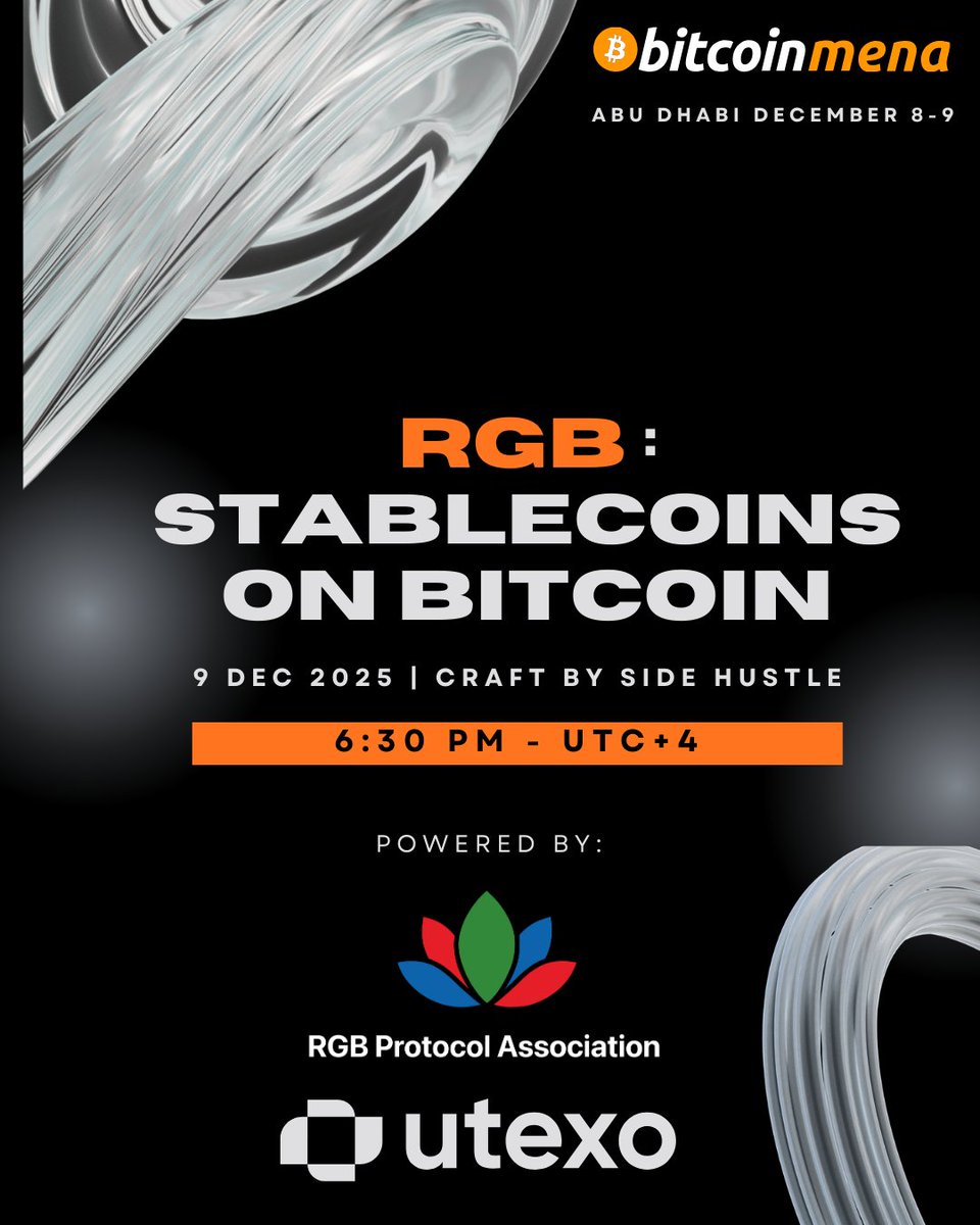 RGBAssociation's tweet image. RGB side event: Stablecoins on Bitcoin!

RGB team &amp;amp; @utexocom in Abu Dhabi for an exclusive cocktail networking,opened by brief insights from KOLs on RGB &amp;amp; Stablecoins!

Join us for a toast!🍸

📍Craft by SideHustle
🗓️ Dec 9 | 6:30PM
🎟️Secure your drink: luma.com/hcwf5o9r