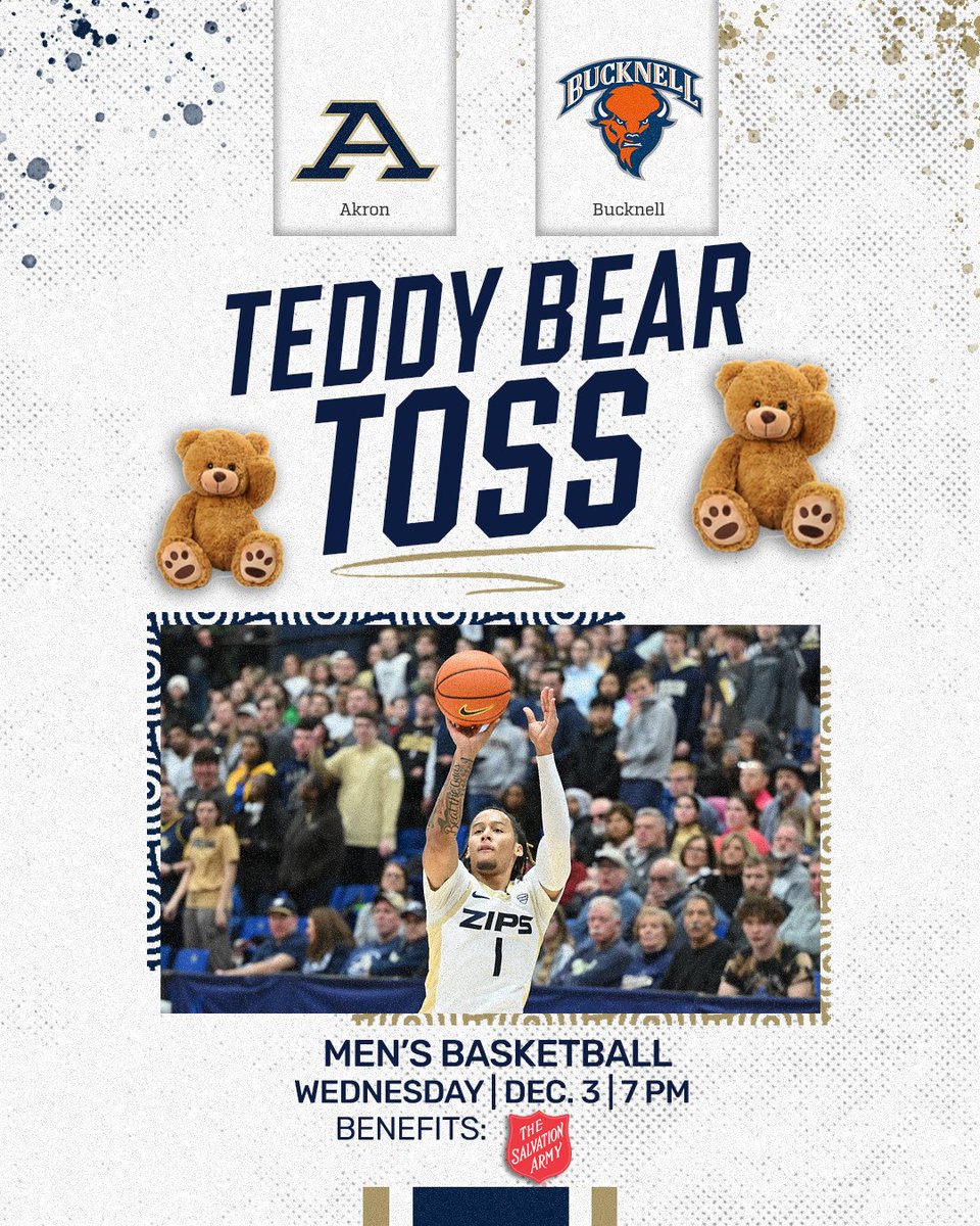 AkronZips's tweet image. 🧸 𝗧𝗲𝗱𝗱𝘆 𝗕𝗲𝗮𝗿 𝗧𝗼𝘀𝘀 🧸

Join us at the JAR December 3rd! Stay after for a post-game Teddy Bear Toss. All 🧸 will be donated to @SalvationArmyUS 

🗓️ Dec. 3rd
🕖  7PM
📍 James A. Rhodes Arena
🆚 @ZipsMBB vs. Bucknell
🎟️ tinyurl.com/wpkecdu2

#GoZips🦘