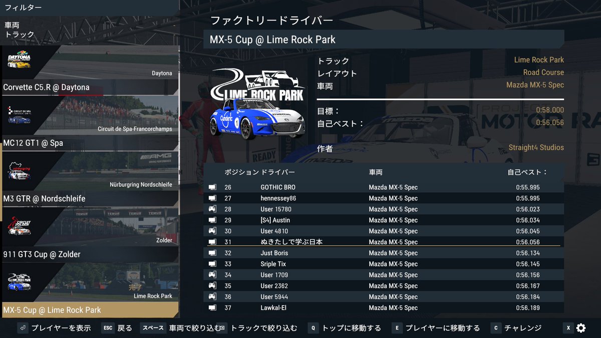 X_c__N's tweet image. ファクトリードライバーチャレンジ: MX-5カップ ライムロック - 0&apos;56.056
ABS1 あとは燃料含めて吊るしセッテ

シムケードなのにタイヤの温度管理ちゃんとしないとタイム出ないの面倒すぎる
#ProjectMotorRacing